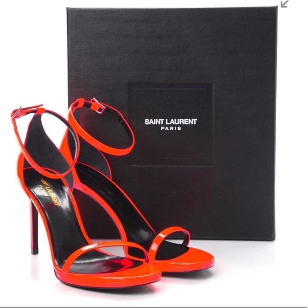 Authentic Saint Laurent calfskin Jane 80 Ankle Strap Sandals 40 Orange Fluo